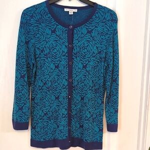 Isaac Mizrahi Live! Teal/Purple Button Front Rose Print Cardigan. Size XS